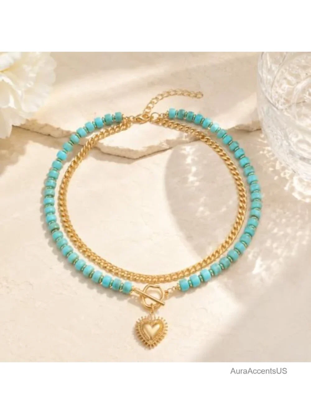 Layered Acrylic Beaded Choker Necklace 14K Gold Plated Heart Pendant